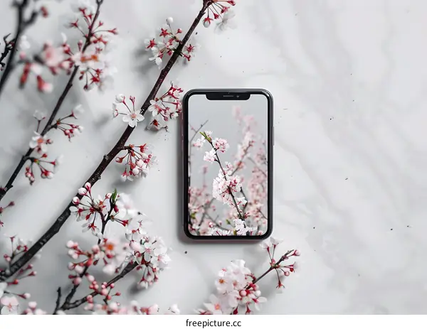 Cherry Blossom Flowers on White Background With Smartphone
