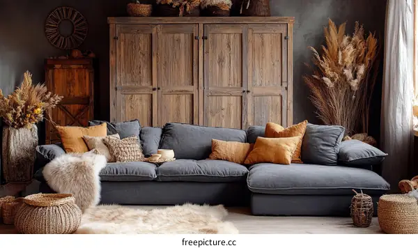 Rustic Living Room with Gray Sectional Sofa
