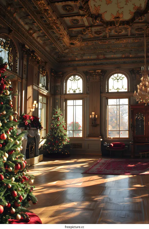 ornate room with christmas trees