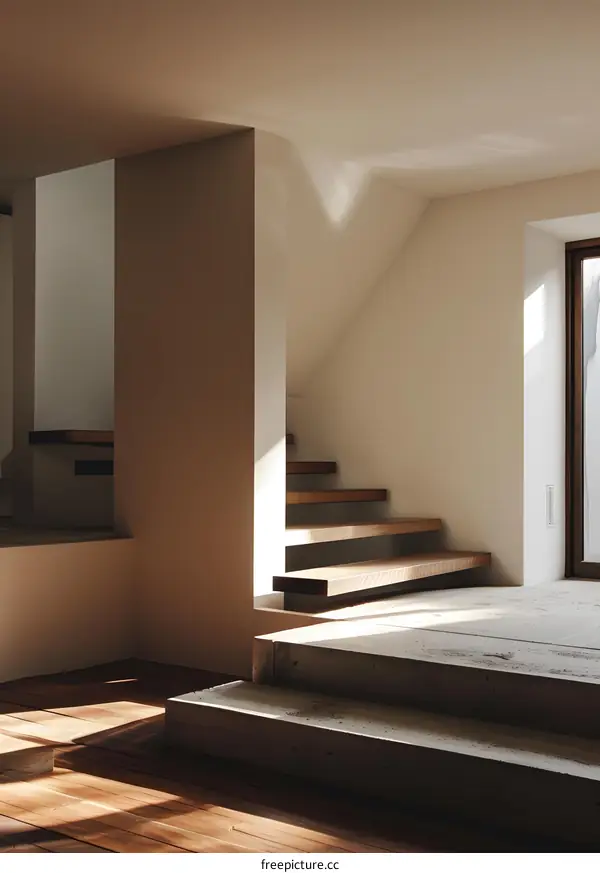 Modern Minimalist Staircase Design with Natural Light and Wooden Steps