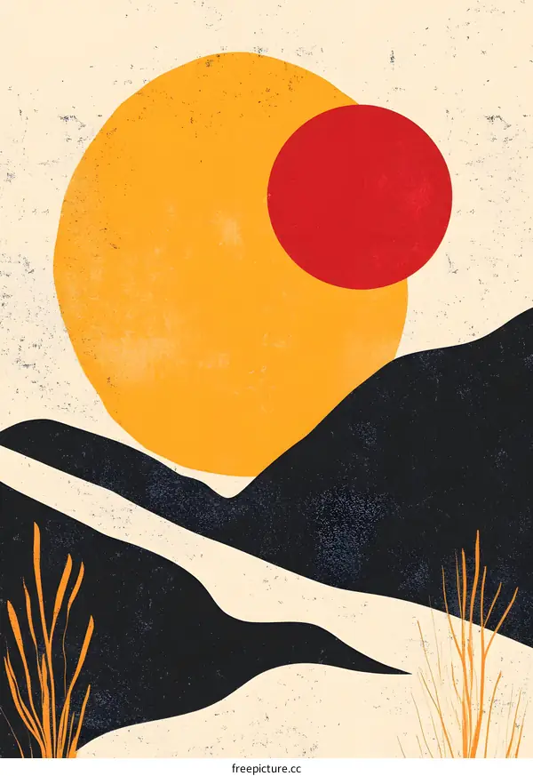 Abstract Art Print with Mountains, Sun, and Minimalist Design