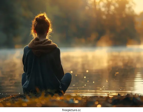 girl sitting on the edge of a lake enjoying the sunset
