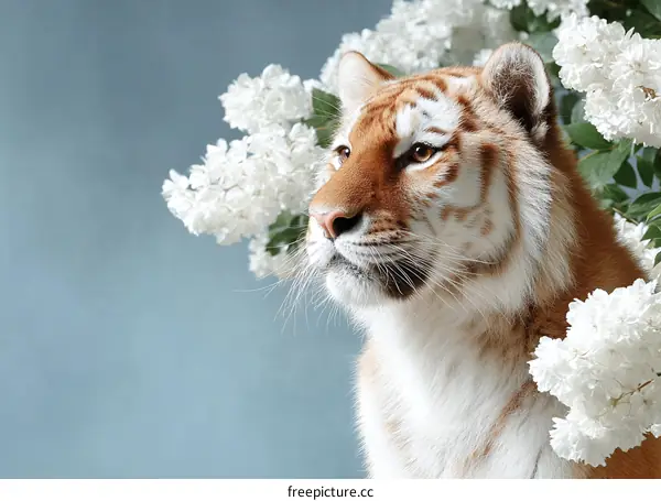 Beautiful Golden Tiger Surrounded by Lilacs