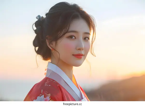 Portrait of a young Korean woman in traditional Korean dress, or Hanbok