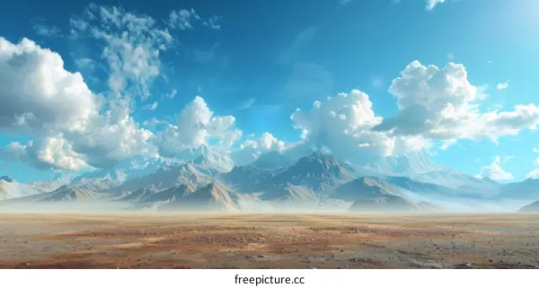 A vast desert landscape with snow capped mountains in the distance