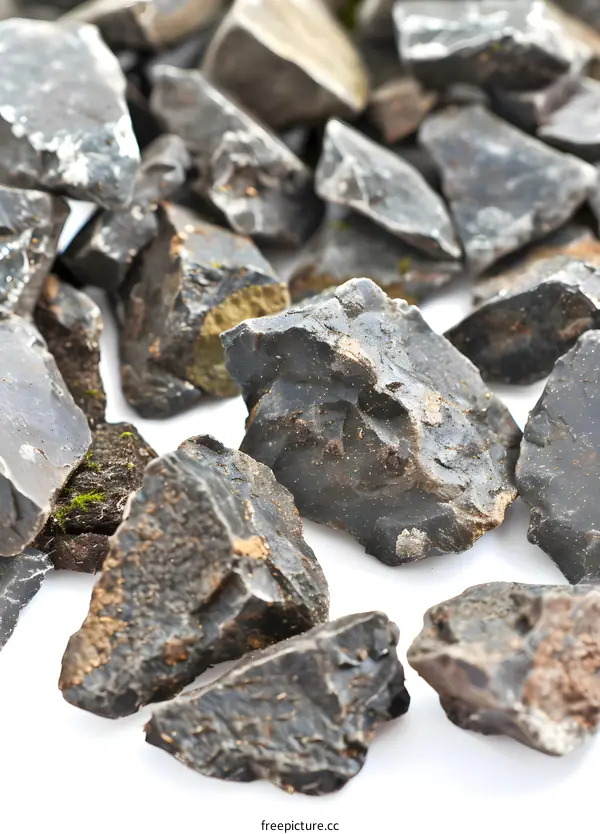 Close up of Black Rocks on White Background
