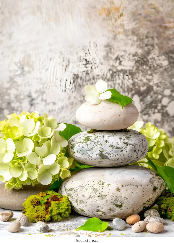 Zen Stones with Hydrangea Flowers and Green Leaves on a White Background