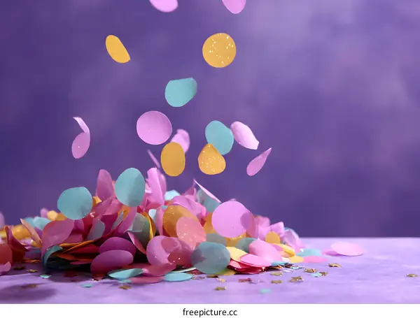 Colorful Confetti Falling on a Purple Background