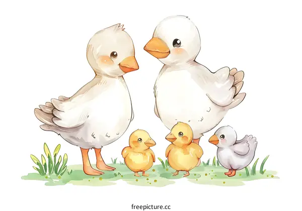 Cute Watercolor Illustration of Goose Family