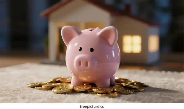 Pink Piggy Bank with Gold Coins and House Background