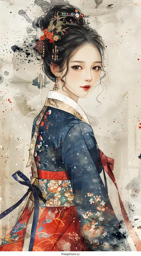 A beautiful illustration of a young woman in a traditional Korean dress, or hanbok.