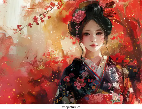 An Asian woman wearing a kimono with a red and gold background