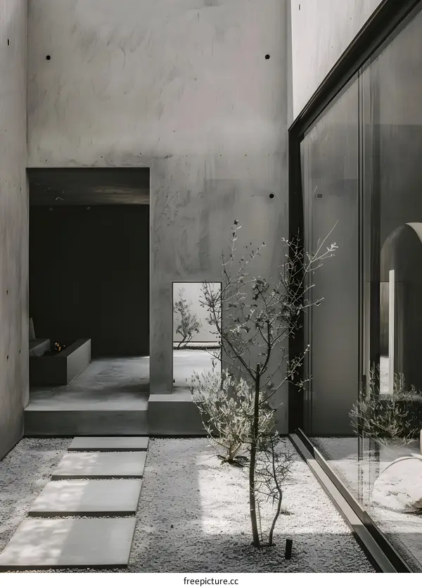 Modern Minimalist Courtyard Garden With Concrete Walls And Gravel