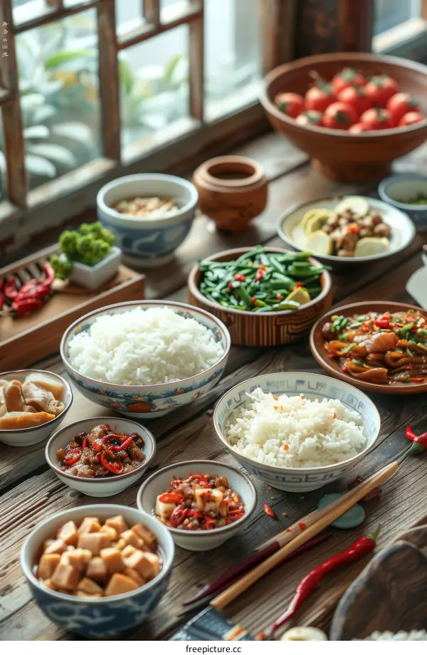 Delicious Chinese Home-Cooked Meal with Rice, Vegetables, and Soup