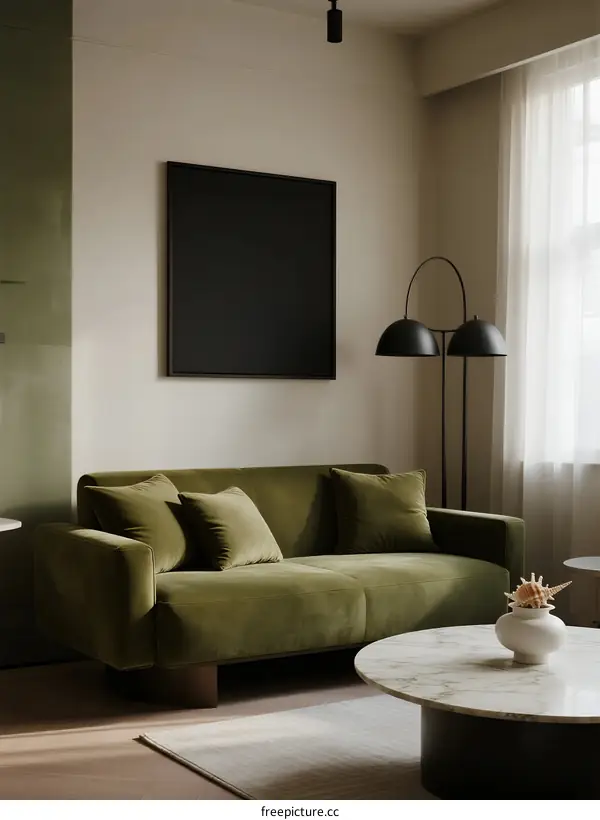 Modern minimalist living room with green velvet sofa and black art