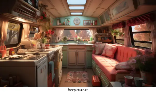 Cozy interior of a retro camper van with a kitchen and living area