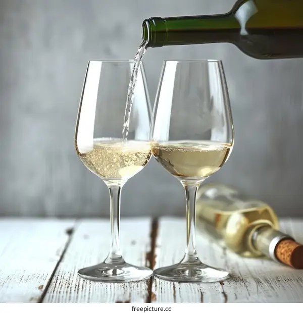 Two glasses of white wine on a wooden table
