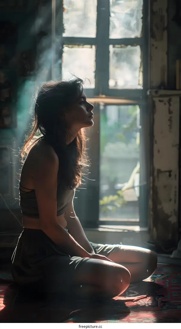 Woman Sitting By Window With Light Shining Through