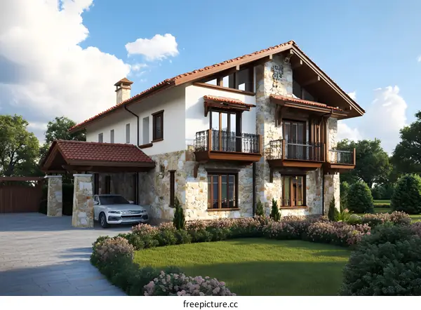 Modern Stone House Design with a Carport