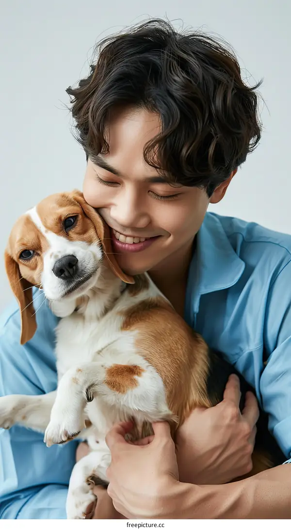 A smiling young Asian man with a dog