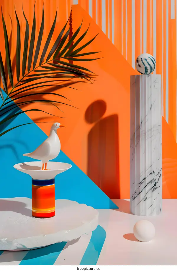 White Bird Sculpture on a Stand with a Palm Leaf and a Marble Column