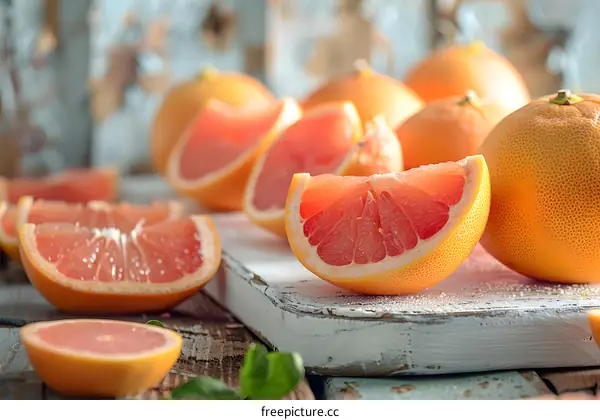Fresh Sliced Grapefruit On White Wooden Board
