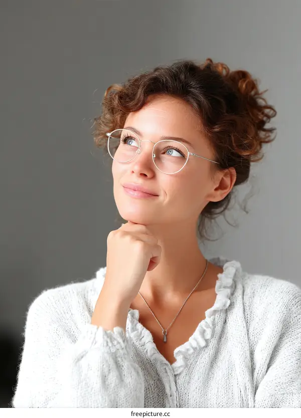 Thoughtful Woman in a Light Gray Sweater