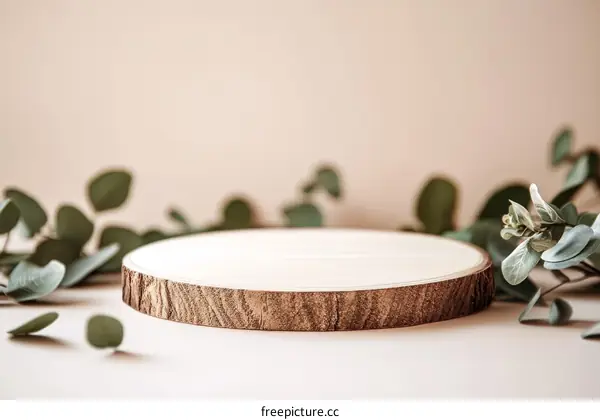 Wooden Slice Display Stand with Eucalyptus Branches