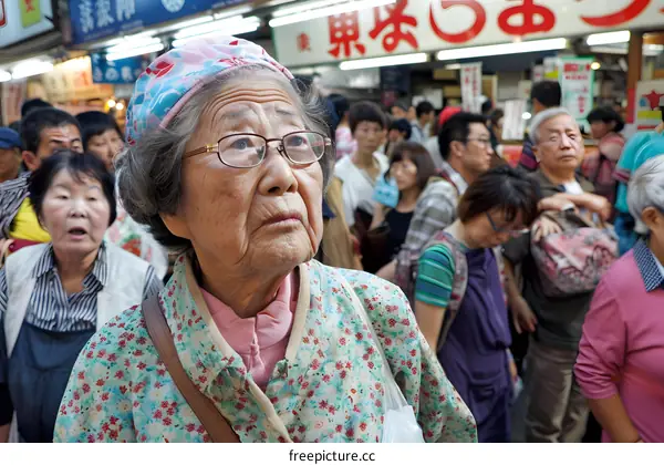 An Elderly Woman Wearing Glasses and a Pink and Blue Headscarf  Looks Up in a Busy Street Market in Japan