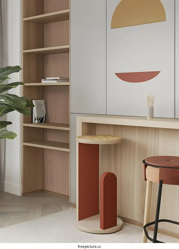 Modern Home Interior Design with Red Accent Side Table and Geometric Wall Art