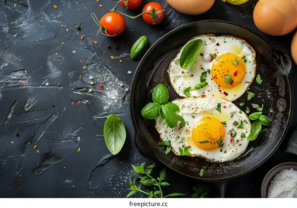 Fried eggs with tomatoes, basil, and spices