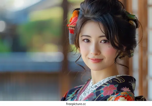 Portrait of a beautiful Japanese woman in traditional kimono