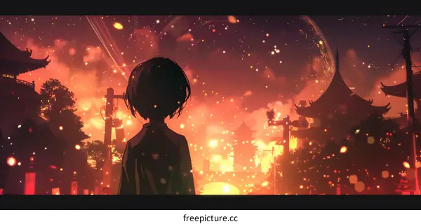 Silhouette of Girl Looking at a Japanese Cityscape with Fireworks