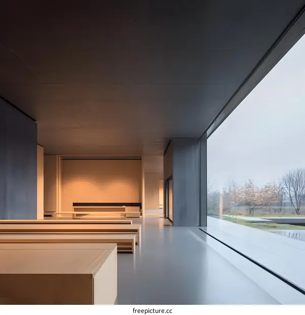 Minimalist Interior Design with Large Windows and Wooden Benches