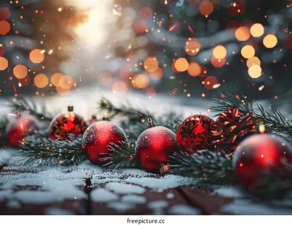 Red and White Christmas Ornaments Adorning a Snowy Table