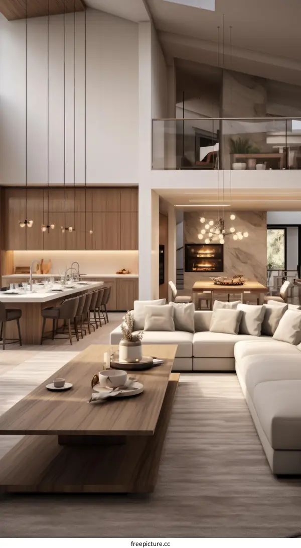 An illustration of a modern living room with a kitchen and a fireplace