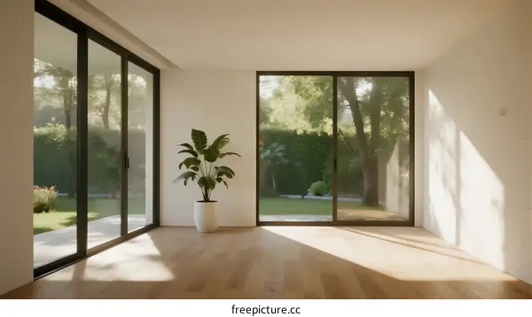 Bright and spacious room with large glass doors and indoor plant