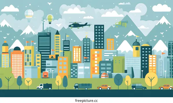 Cityscape Illustration With Mountains And Vehicles