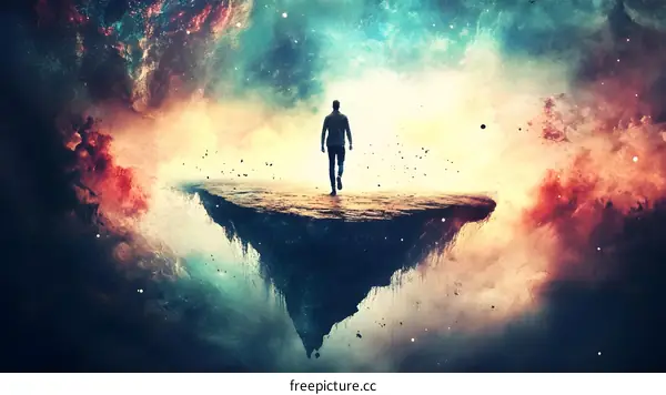 Man Walking on Floating Island in Space