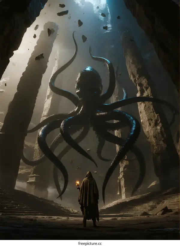 Giant Octopus in Ancient Temple with Human Figure Standing Below