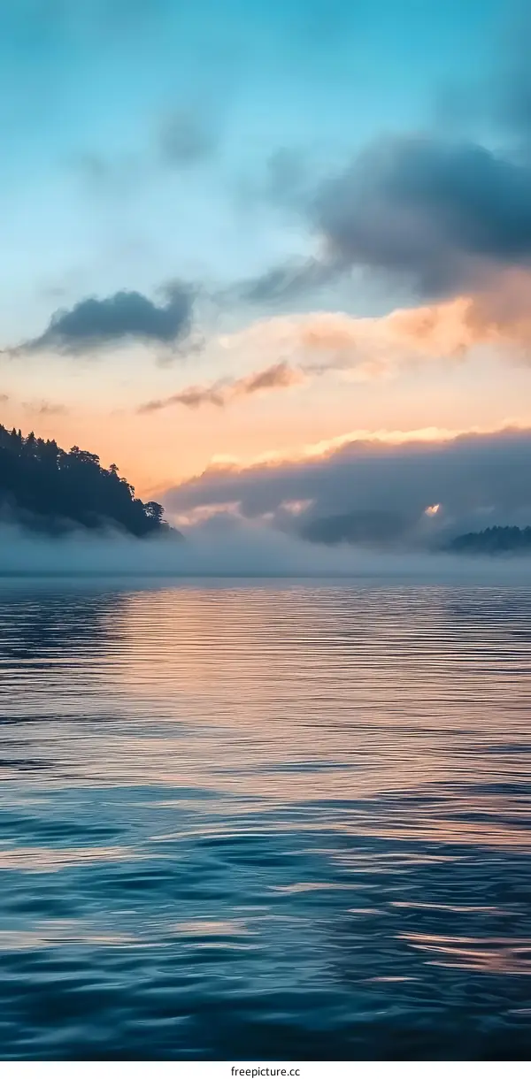 Peaceful Lake at Sunrise with Misty Mountains