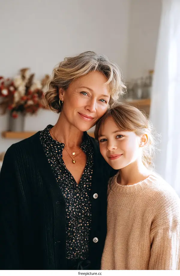Mother and Daughter Embrace Affectionately
