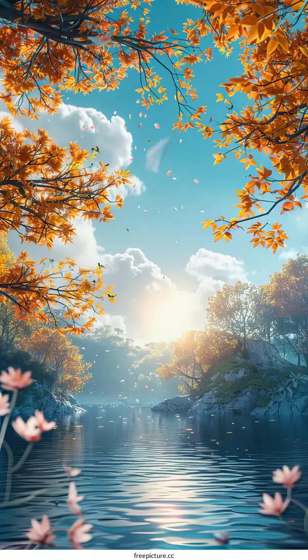 Tranquil Autumn Lake Scene with Falling Leaves and Birds