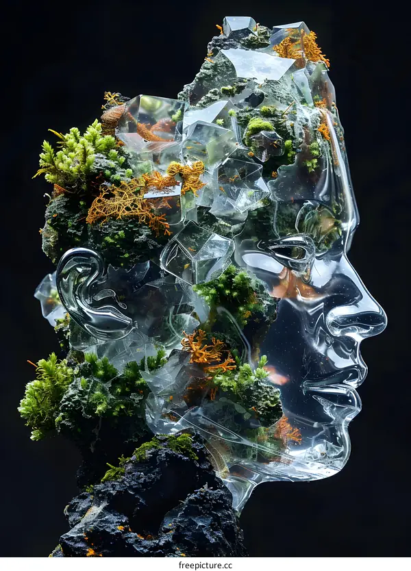 A 3D rendering of a human head made of glass with moss growing inside