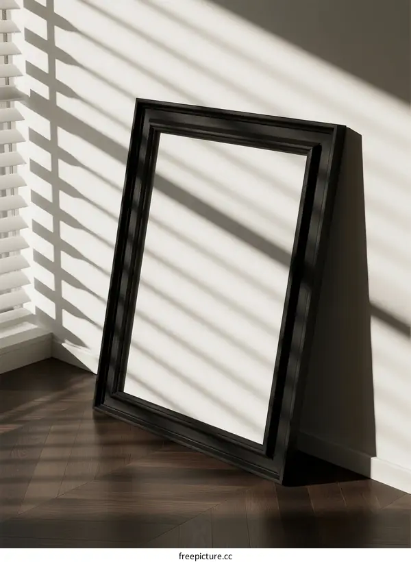 Black wooden frame placed on wooden floor near window with blinds