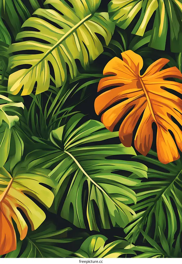 Tropical Leaves Illustration with Green and Orange Colors