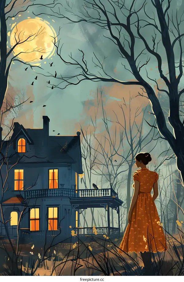 A woman standing in front of a haunted house