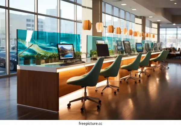 Modern office space with computers and chairs