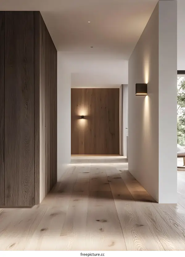 Modern Minimalist Hallway Interior Design with Wooden Walls and Floor