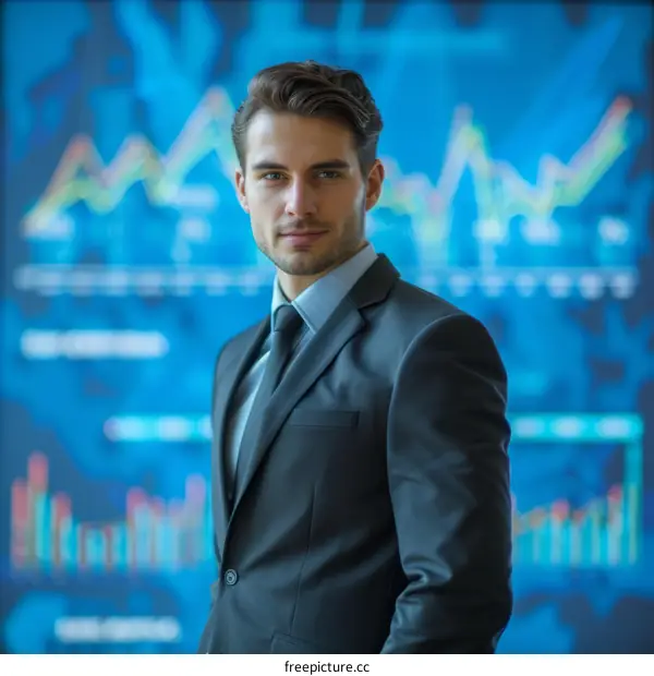 Confident Businessman in front of Blue Digital Stock Market Ticker